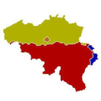 De Gemeenschappen in België. Geel: Vlaamse Gemeenschap; Rood: Franse Gemeenschap Blauw; Duitse Gemeenschap / Bron: LennartBolks, Wikimedia Commons (Publiek domein)