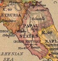 Kerkelijke Staat: <I>Papal State</I> zoals op het kaartje staat, is Engels voor <I>Staat van de paus</I>.  / Bron: William Robert Shepherd (1871–1934), Wikimedia Commons (Publiek domein)